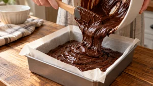 Dunkler Brownieteig wird aus einer Schüssel in eine mit Backpapier ausgelegte quadratische Metallform gefüllt.