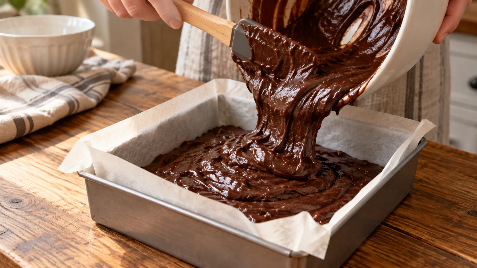Dunkler Brownieteig wird aus einer Schüssel in eine mit Backpapier ausgelegte quadratische Metallform gefüllt.
