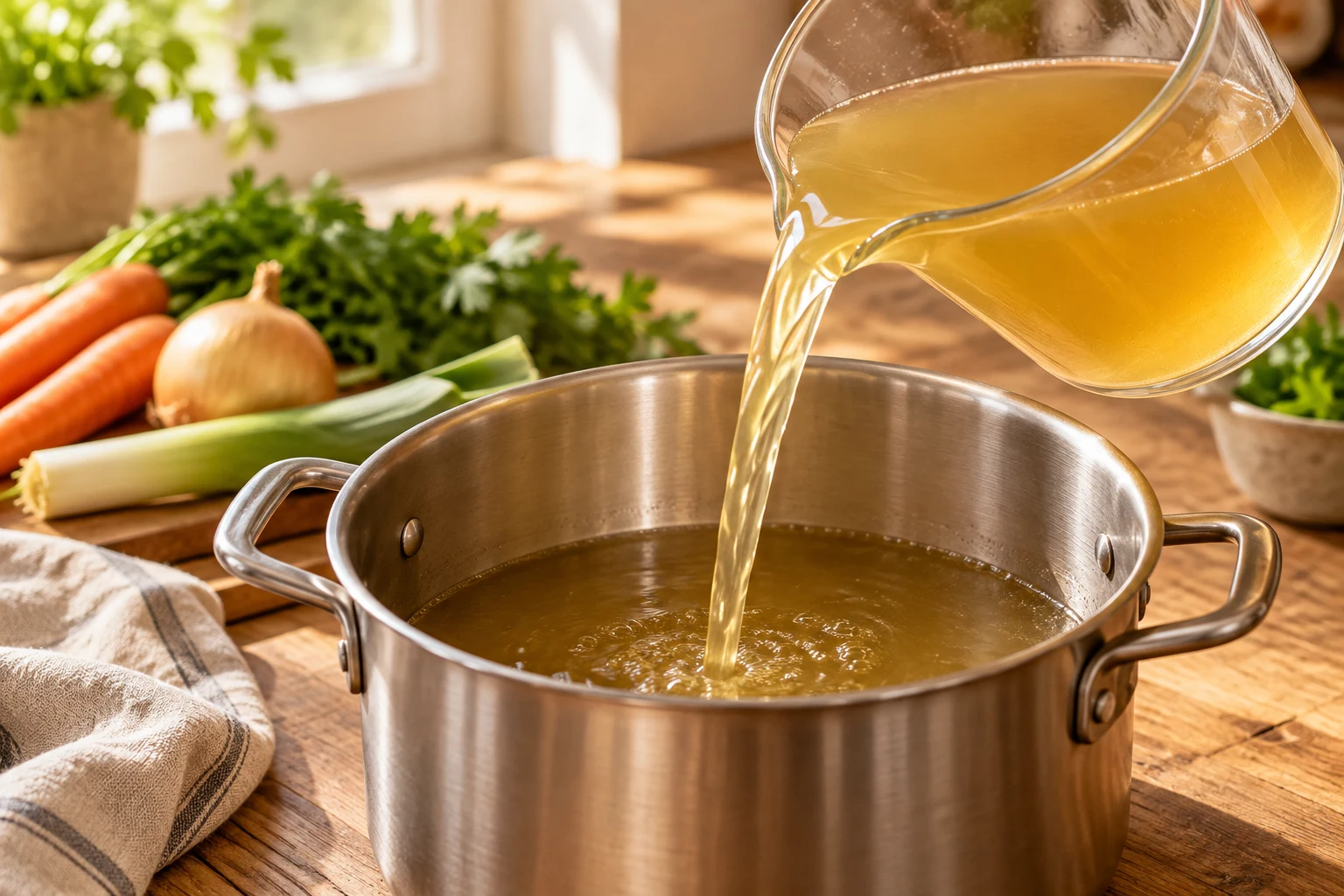Angerührte Gemüsebrühe wird aus einem Glaskrug in einen Topf gegossen