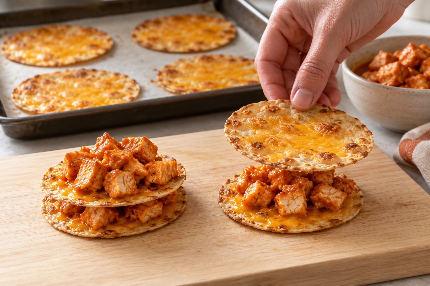 Ein knuspriger Tortilla-Kreis mit geschmolzenem Cheddar wird auf Buffalo-Hähnchen gesetzt