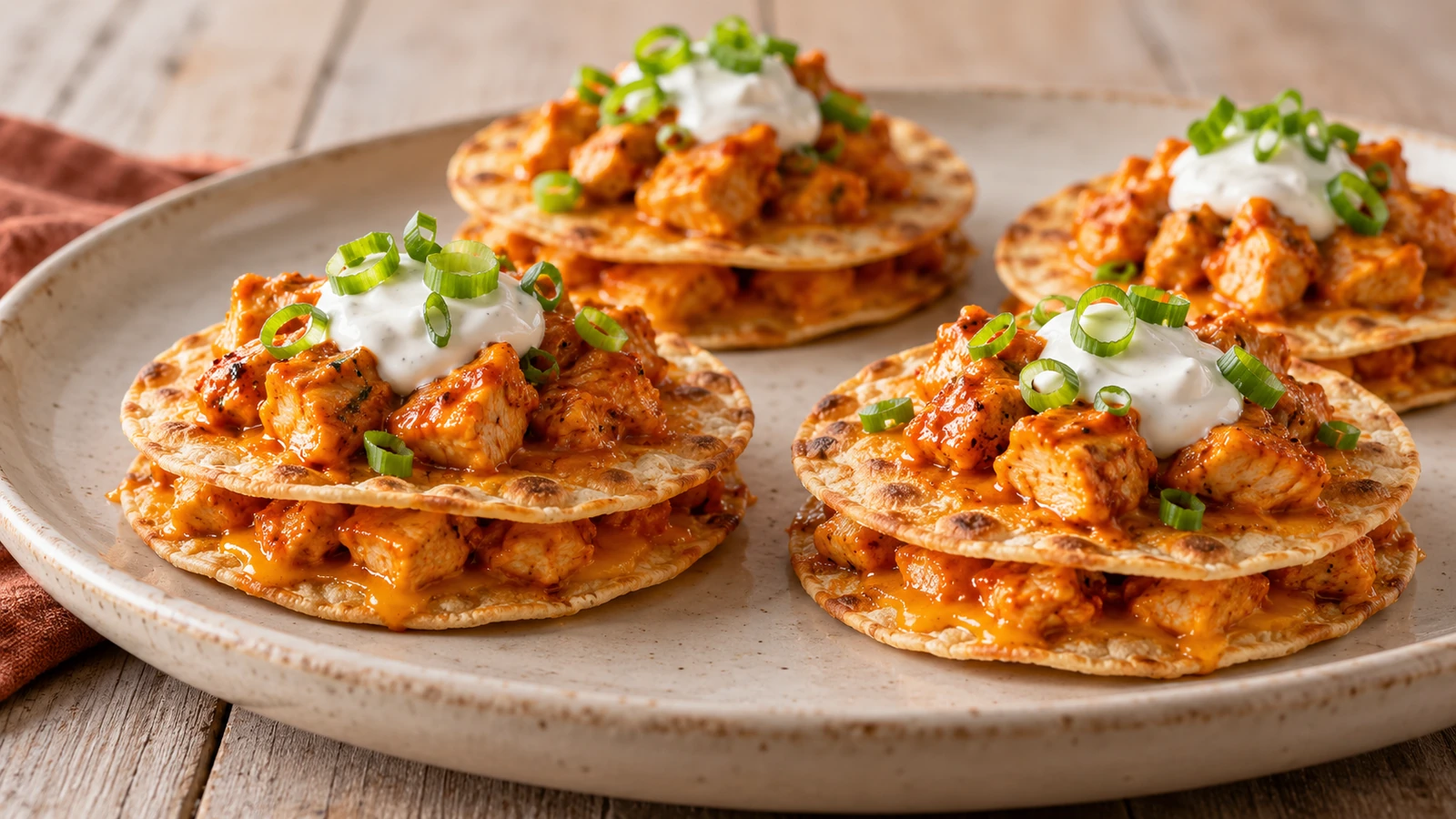 Knusprige Tortilla-Türmchen mit Buffalo-Hähnchen, Cheddar, Joghurtdip und Frühlingszwiebeln