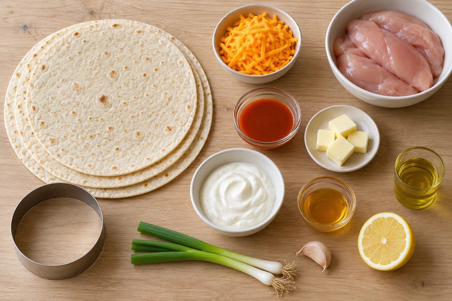 Weizentortillas, Hähnchenbrust, Cheddar, Chilisauce, Butter und Joghurt für Buffalo-Türmchen