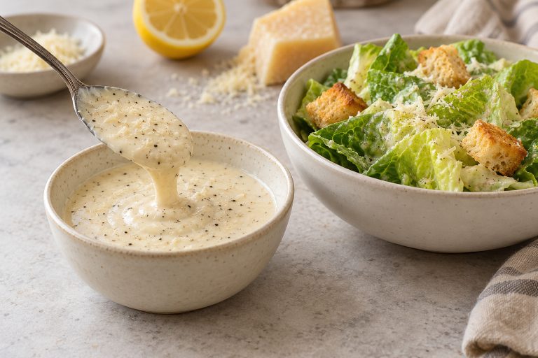 Cremiges Caesar-Dressing in einer Schale neben Romanasalat