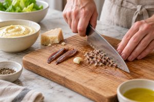 Sardellen und Knoblauch werden auf einem Brett fein zerdrückt