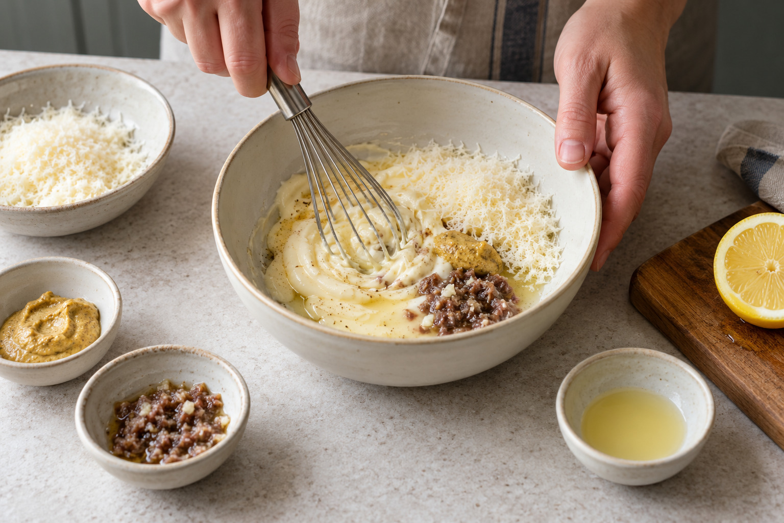 Mayonnaise wird mit Parmesan, Zitrone und Sardellenpaste verrührt