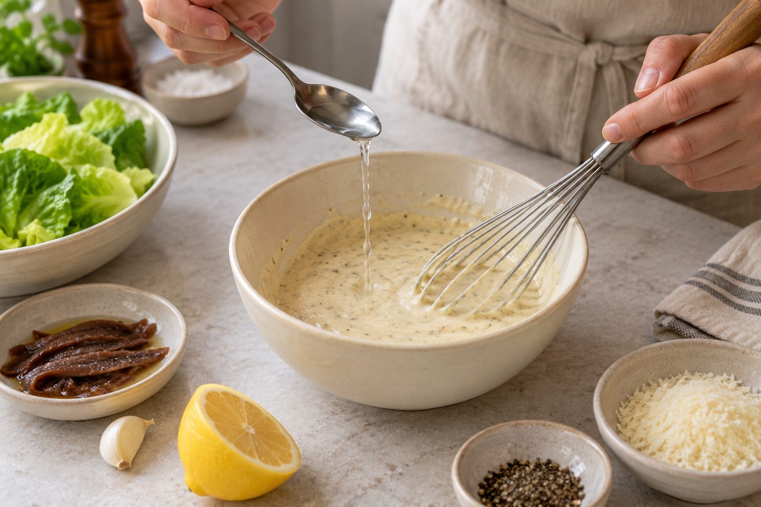 Das Caesar-Dressing wird mit wenig Wasser auf die passende Konsistenz gebracht