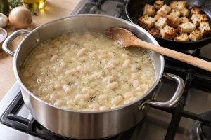 Weiße Bohnensuppe im Kochtopf neben goldbraunen Croûtons in einer Pfanne
