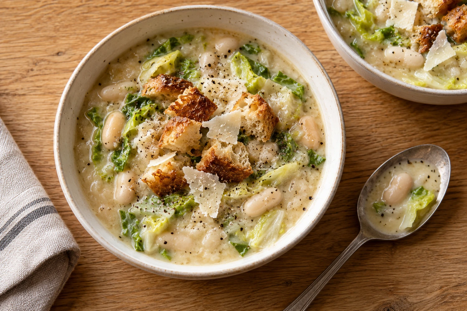 Servierte Caesar-Suppe mit ganzen weißen Bohnen, Salatstreifen, Parmesan und Croûtons