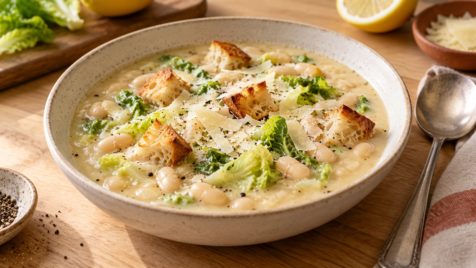 Cremige Caesar-Suppe mit weißen Bohnen, Römersalat, Parmesan und goldbraunen Croûtons