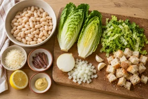 Weiße Bohnen, Römersalat, Brot, Parmesan, Sardellen, Senf und Zitrone für Caesar-Suppe