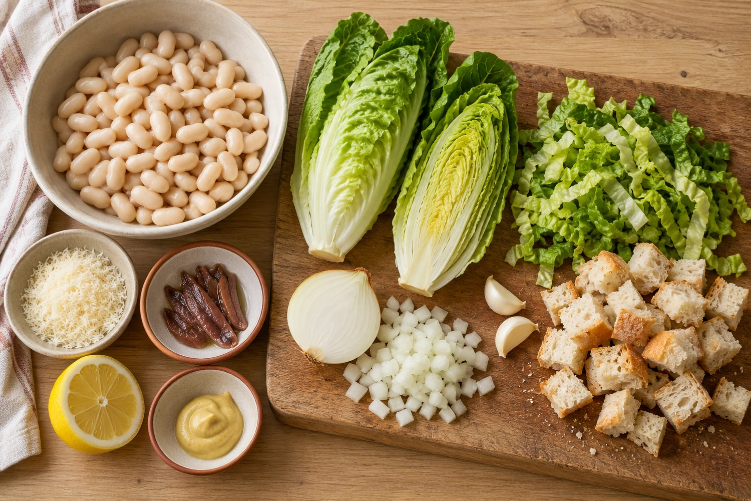 Weiße Bohnen, Römersalat, Brot, Parmesan, Sardellen, Senf und Zitrone für Caesar-Suppe