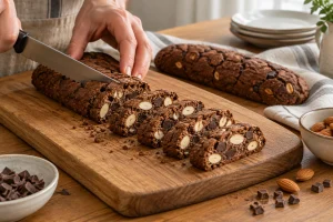 Eine vorgebackene Cantuccini-Rolle wird mit einem Sägemesser in Scheiben geschnitten