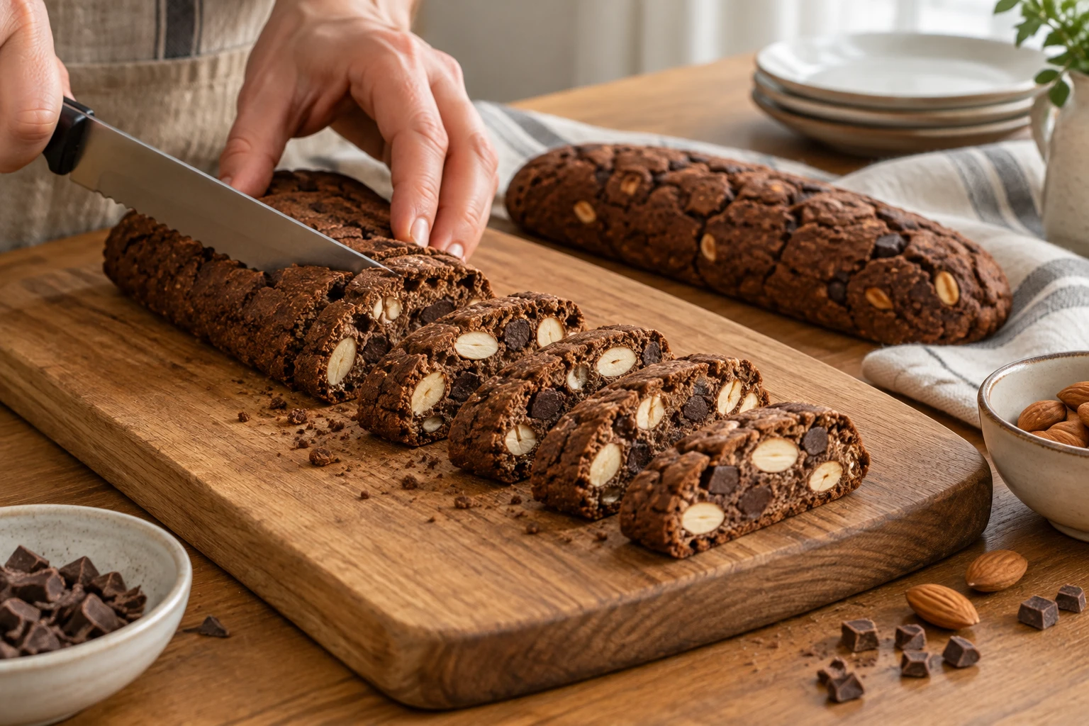 Eine vorgebackene Cantuccini-Rolle wird mit einem Sägemesser in Scheiben geschnitten