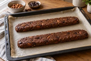 Zwei gleichmäßig geformte dunkle Cantuccini-Teigrollen auf Backpapier
