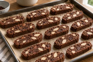 Schoko-Cantuccini liegen mit der Schnittfläche nach oben für den zweiten Backgang auf dem Blech