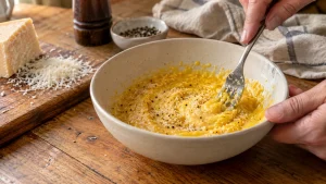 Eigelb, fein geriebener Pecorino und schwarzer Pfeffer werden in einer Schüssel vermischt