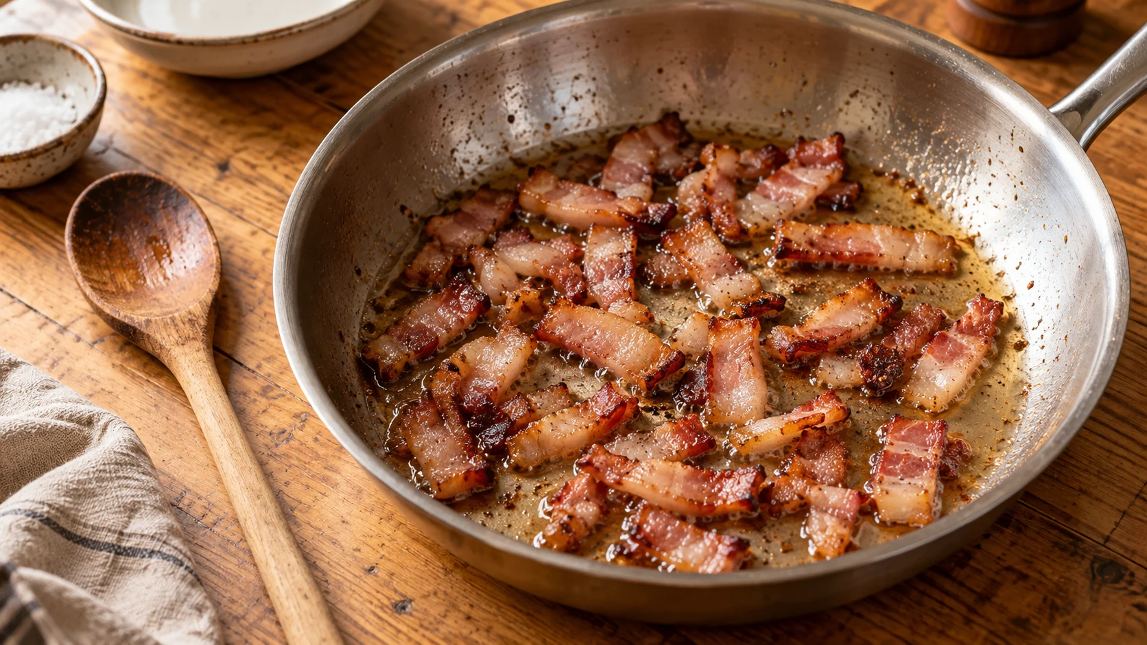 Guanciale-Streifen bräunen in ihrem eigenen Fett in einer Edelstahlpfanne