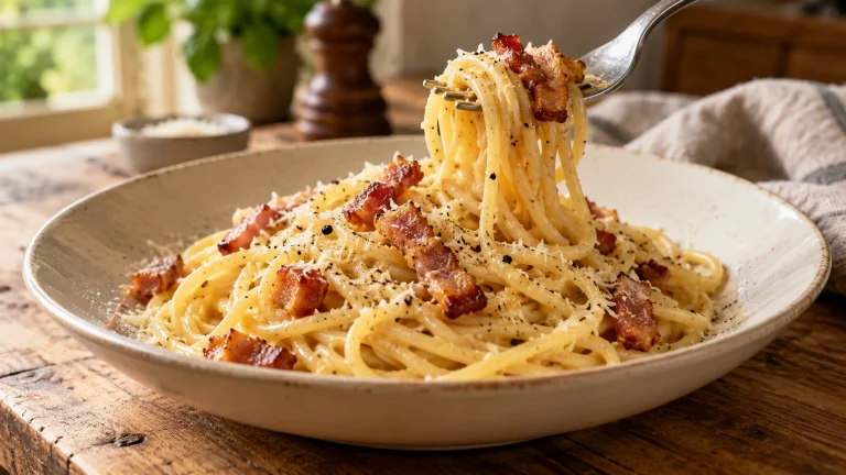 Spaghetti Carbonara mit glänzender Eiersauce, Guanciale, Pecorino und schwarzem Pfeffer auf einer Gabel