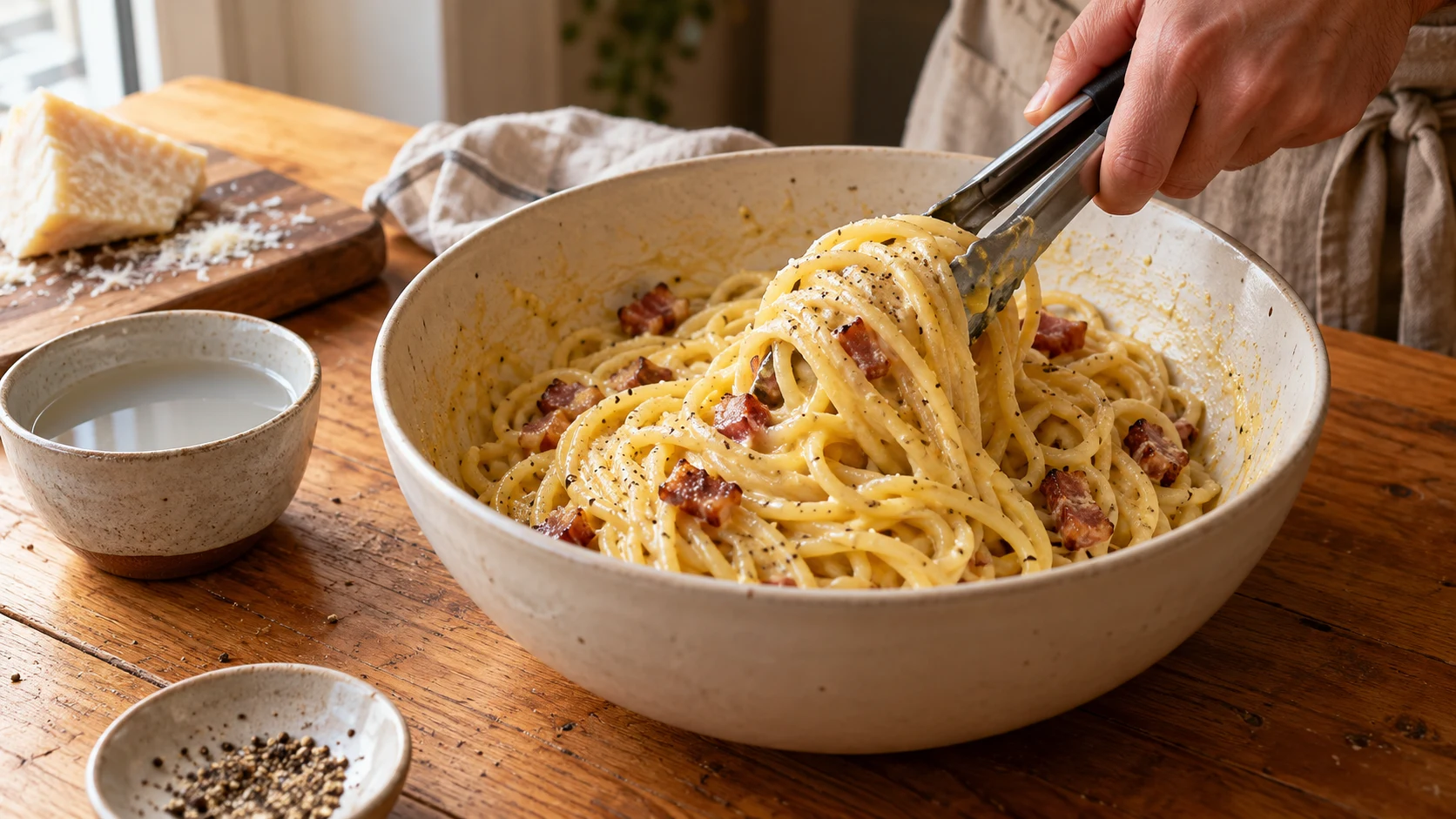 Spaghetti und Guanciale werden außerhalb des Herds in einer Schüssel mit Eiersauce vermengt