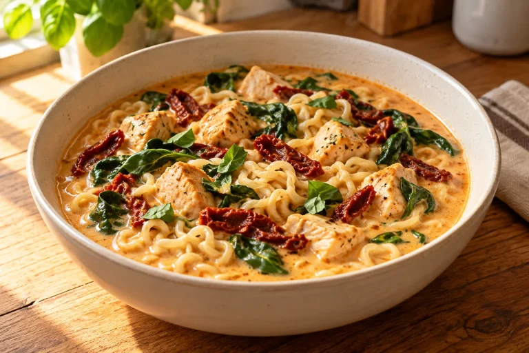 Ramen-Nudeln mit Hähnchen, Spinat und getrockneten Tomaten in cremiger Brühe