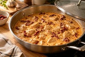 Hähnchen und Tomatenstreifen köcheln in einer hellen Sahnebrühe