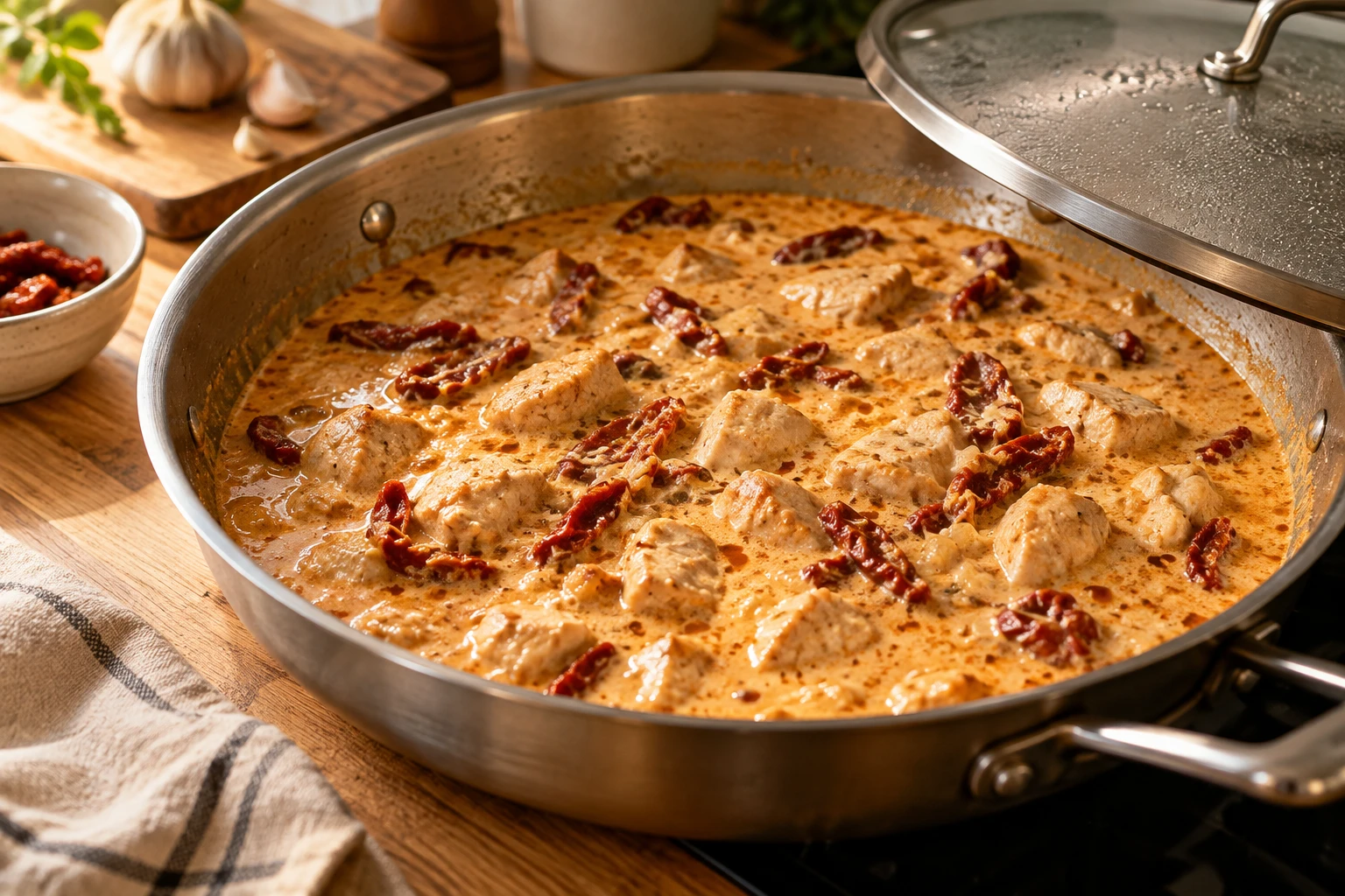 Hähnchen und Tomatenstreifen köcheln in einer hellen Sahnebrühe