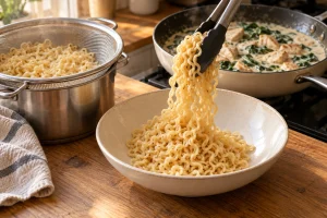 Gekochte Ramen-Nudeln werden aus einem Sieb auf Schalen verteilt