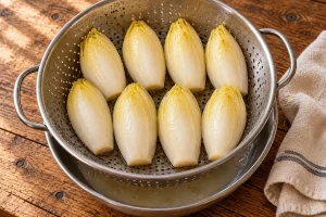 Vorgegarte Chicoréehälften tropfen mit den Schnittflächen nach unten in einem großen Sieb ab