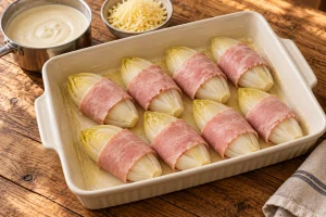 Acht mit Kochschinken umwickelte Chicoréehälften liegen nebeneinander, bevor die Käsesauce darüberkommt