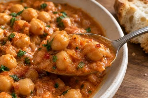 Löffel mit Kichererbsen in cremiger orangefarbener Chili-Tomatensauce