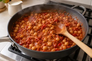 Kichererbsen köcheln in roter Tomatensauce in einer breiten Pfanne