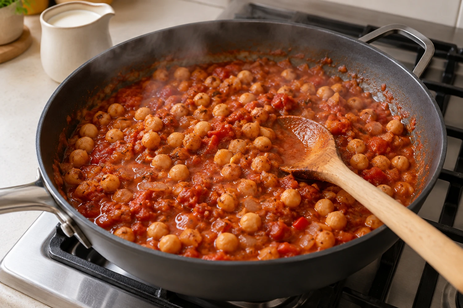 Kichererbsen köcheln in roter Tomatensauce in einer breiten Pfanne