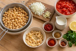 Abgetropfte und zerdrückte Kichererbsen neben Zwiebel, Knoblauch, Tomaten, Sahne und Gewürzen