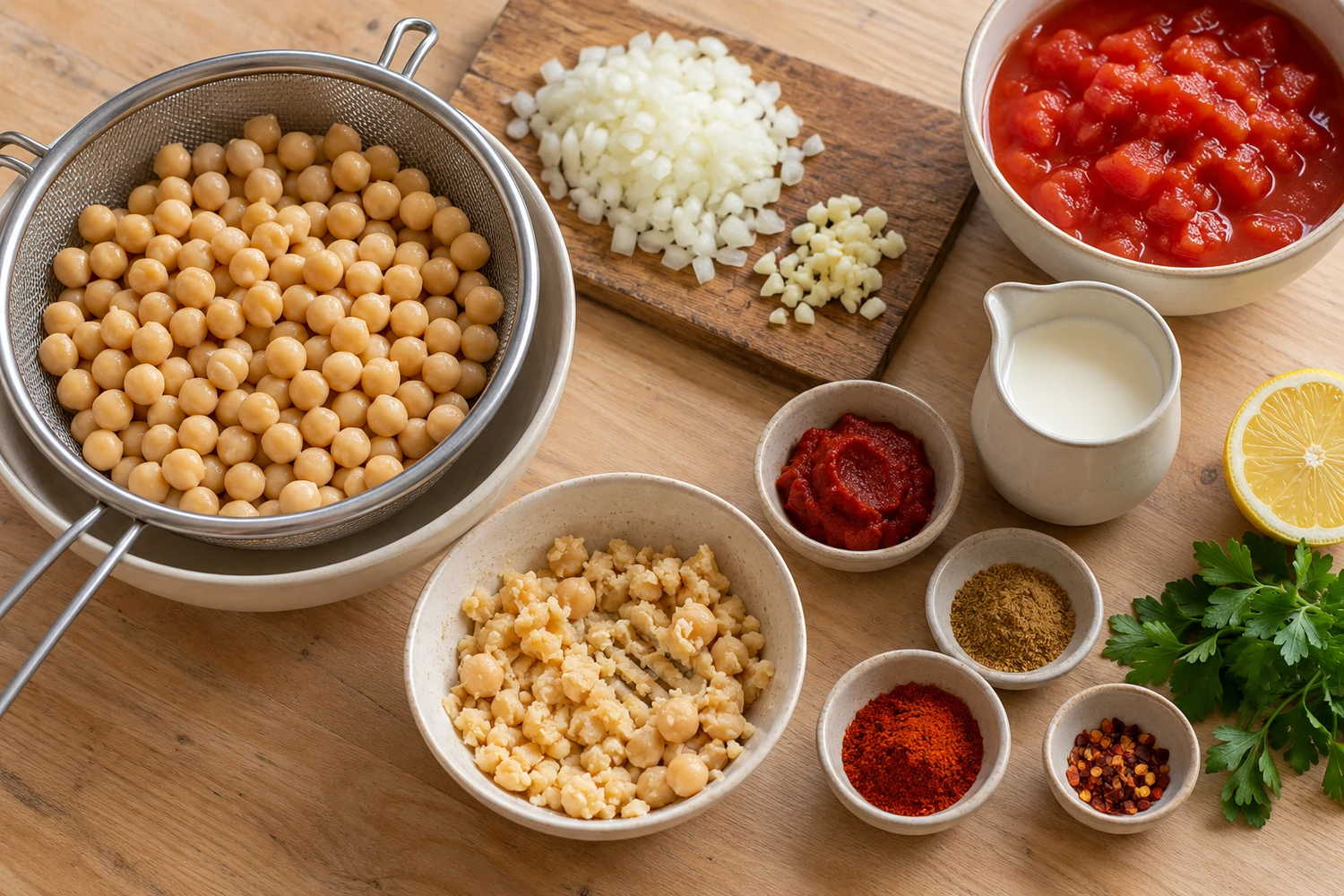 Abgetropfte und zerdrückte Kichererbsen neben Zwiebel, Knoblauch, Tomaten, Sahne und Gewürzen