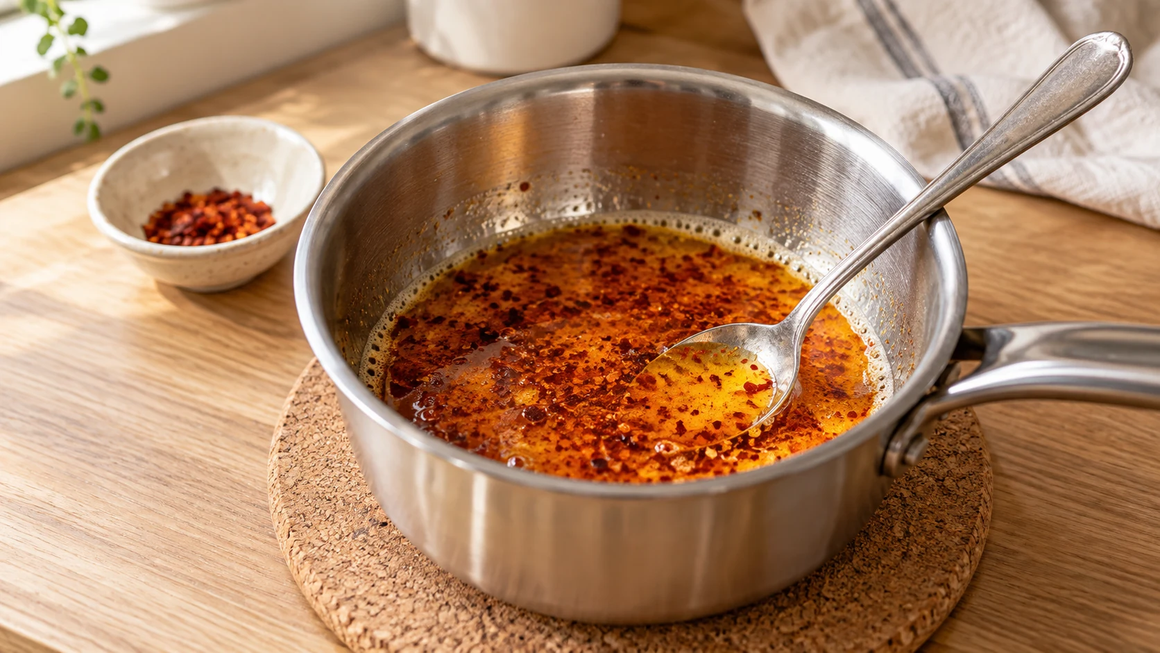 Orange-rote Pul-Biber-Butter mit feinen Chiliflocken in einem kleinen Edelstahltopf auf einem Untersetzer