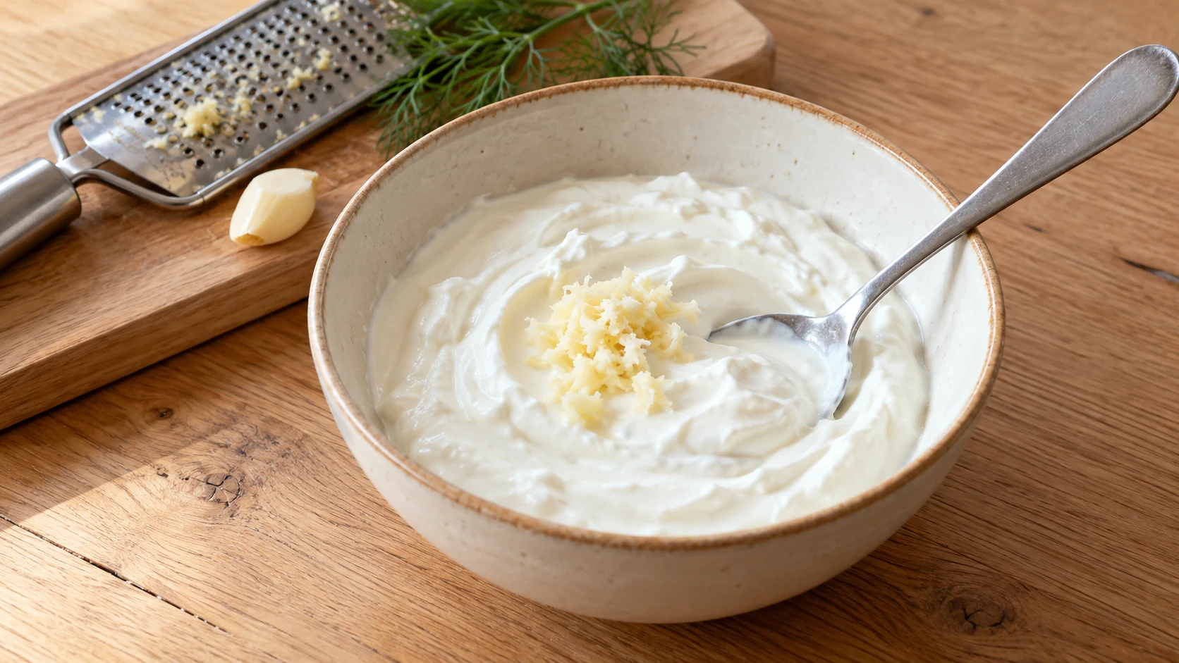 Geriebener Knoblauch auf griechischem Joghurt in einer hellen Schüssel mit Löffel