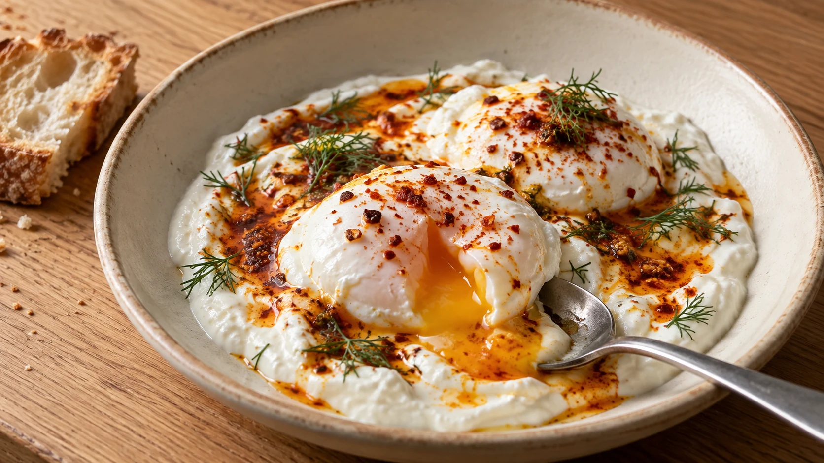 Zwei pochierte Eier auf Knoblauchjoghurt mit roter Chili-Butter und Dill, eines mit geöffnetem Eigelb