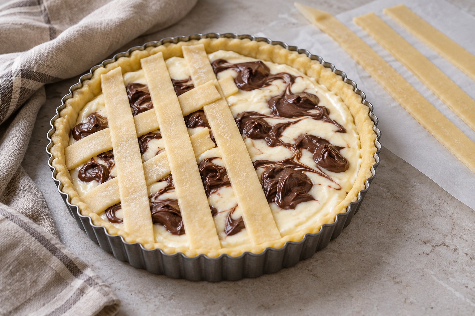 Ungebackene Crostata mit heller Mascarponecreme, dunklen Schokoschlieren und teilweise aufgelegten Teigstreifen