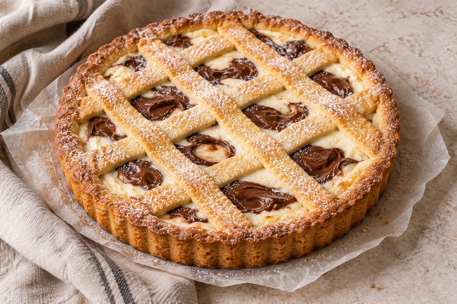Runde Crostata mit goldenem Teiggitter und marmorierter Mascarpone-Nutella-Füllung