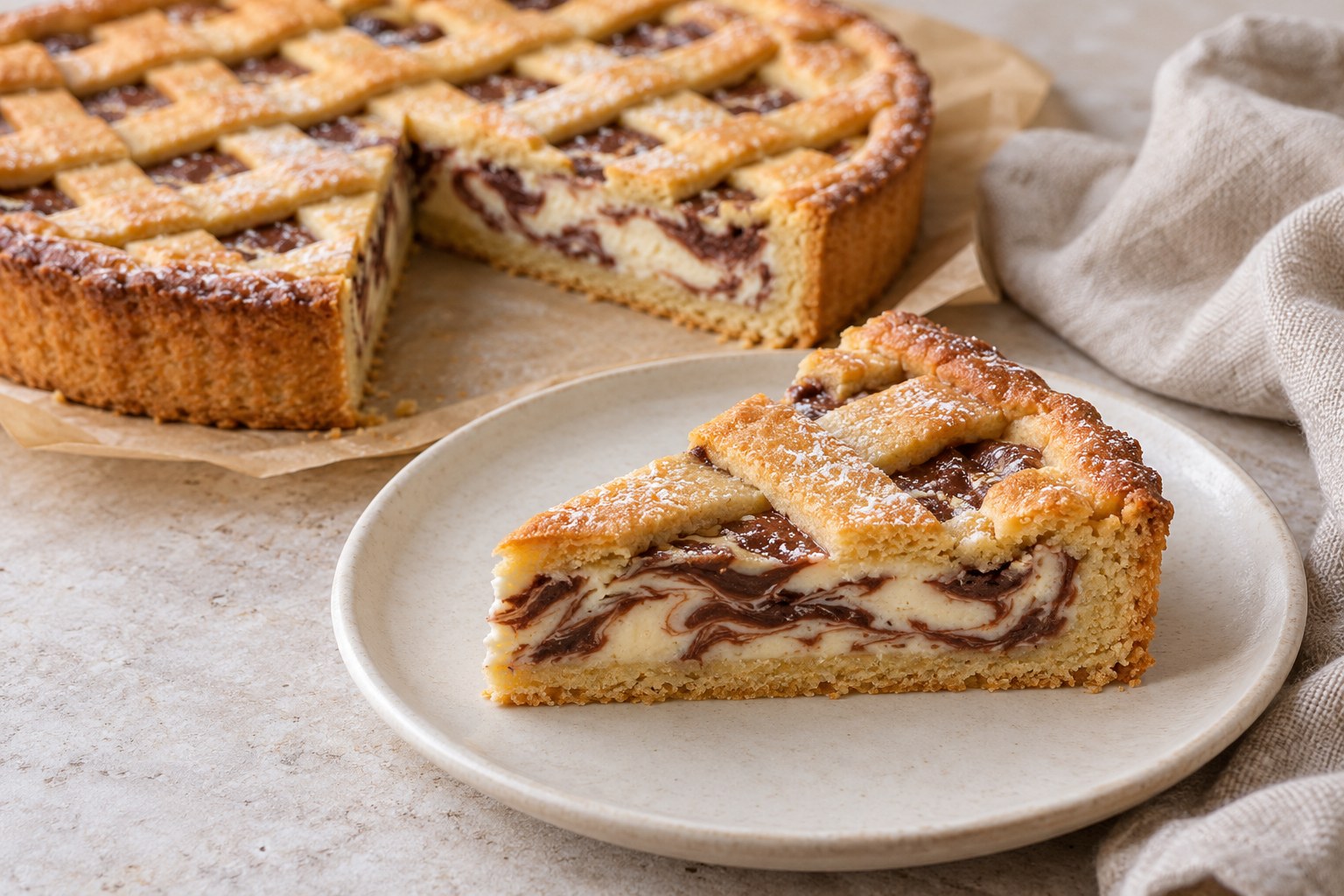 Ein Stück Crostata mit mürbem Boden, heller Mascarponefüllung und dunklen Nutella-Schlieren