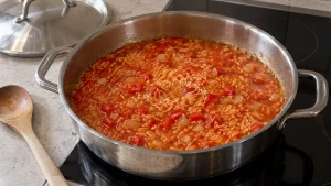 Langkornreis, Paprika und Tomate in der orangefarbenen Ajvar-Kochflüssigkeit vor dem Zudecken