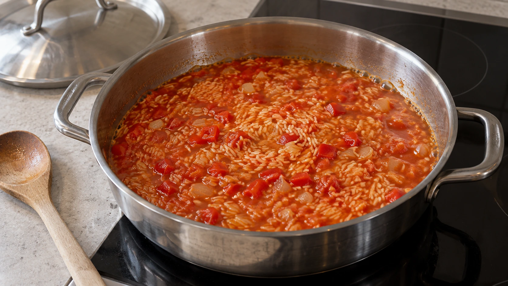 Langkornreis, Paprika und Tomate in der orangefarbenen Ajvar-Kochflüssigkeit vor dem Zudecken