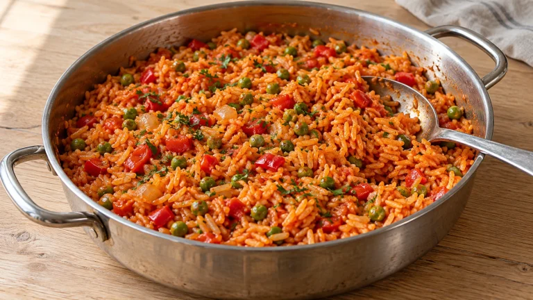 Djuvec-Reis mit einzelnen orangefarbenen Körnern, roter Paprika und Erbsen im flachen Edelstahltopf