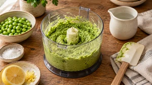 Grünes Edamame-Püree im geöffneten Zerkleinerer neben einem kleinen Wasserkrug