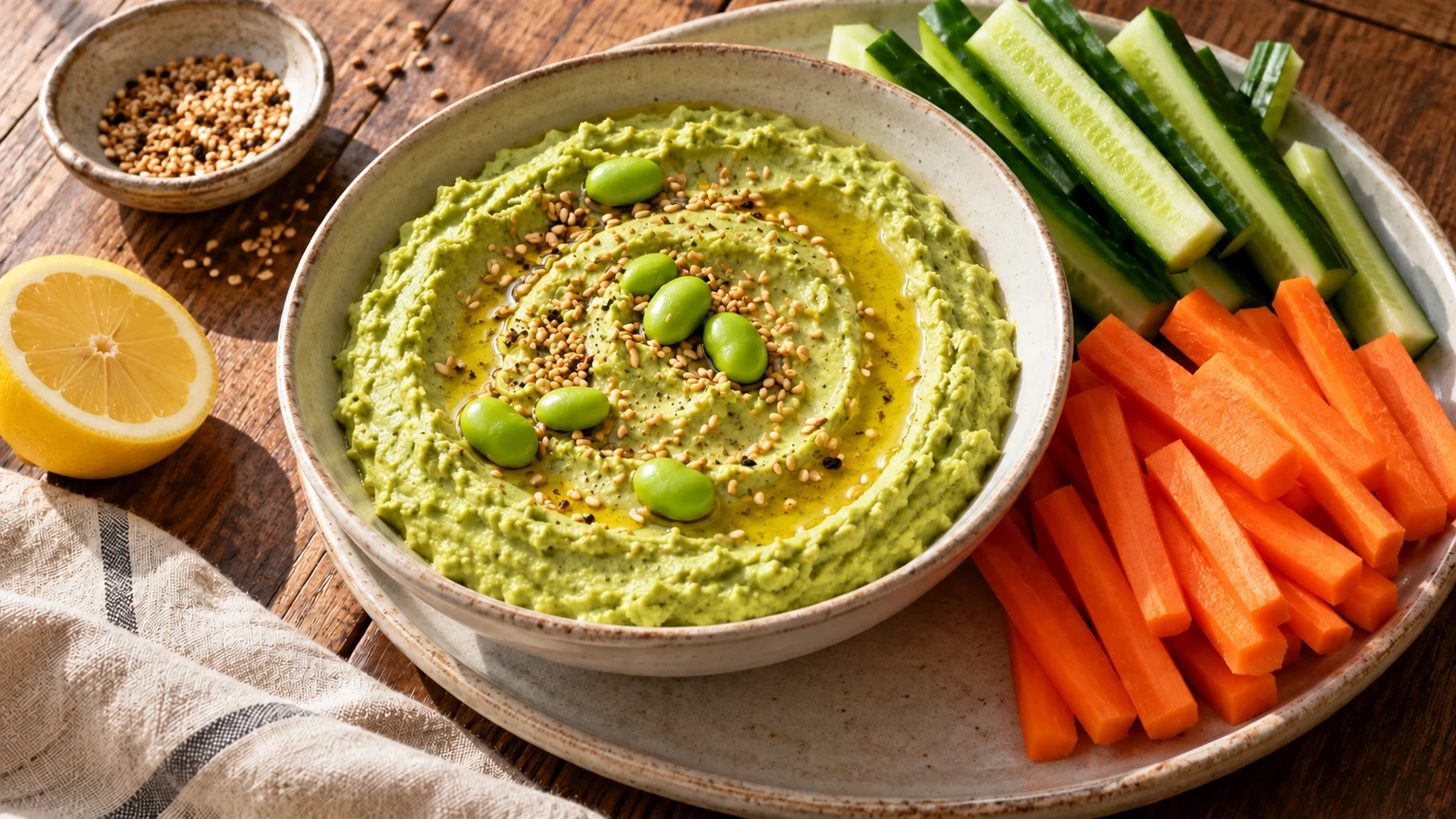 Edamame-Dip mit Zitrone und Sesam neben Gurken- und Möhrensticks