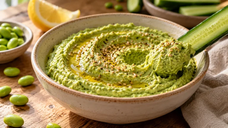 Grüner Edamame-Dip mit Sesam und einer Gurkenstange in einer hellen Schale