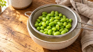 Gegarte ausgelöste Edamame tropfen in einem Metallsieb ab