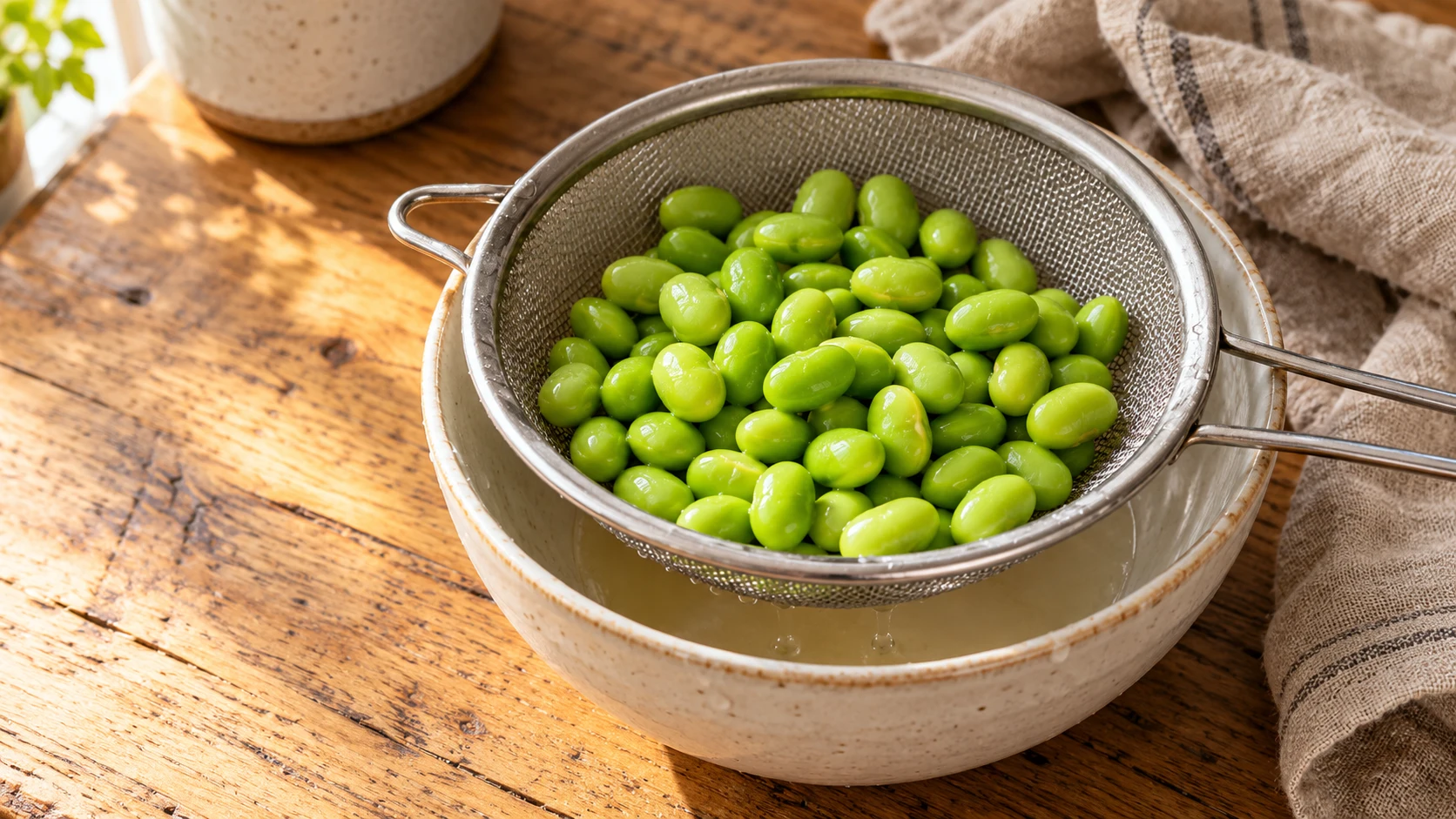 Gegarte ausgelöste Edamame tropfen in einem Metallsieb ab