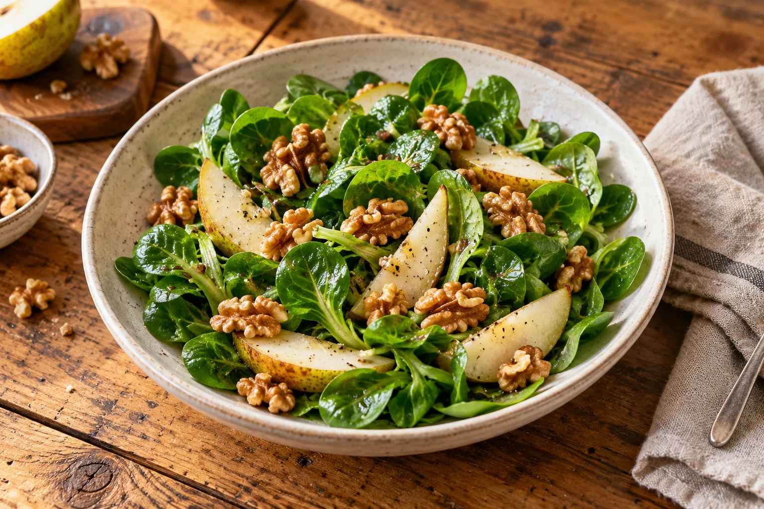 Feldsalat mit Birnenspalten und Walnüssen