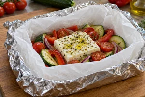 Inneres Backpapierpäckchen mit Feta und Gemüse beim Einschlagen in eine äußere Lage Alufolie